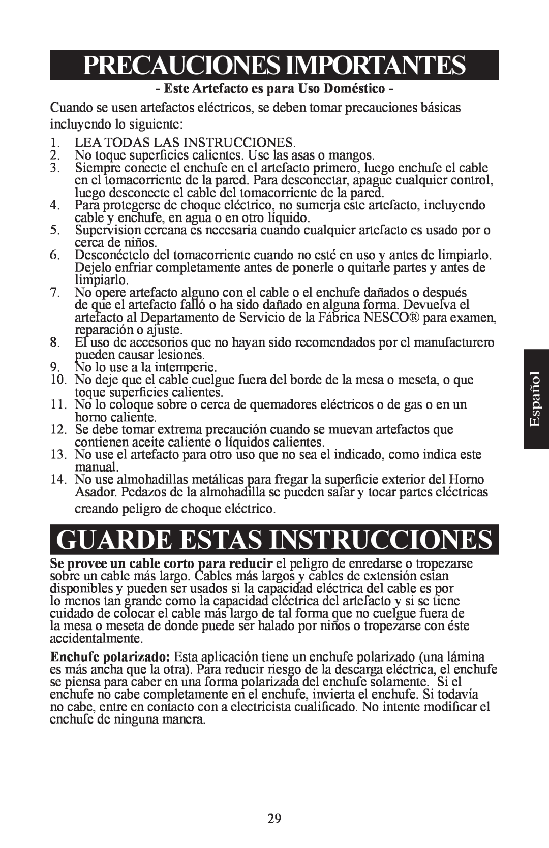 Nesco Electric Roaster Oven manual Precaucionesimportantes, Guarde Estas Instrucciones, Español 