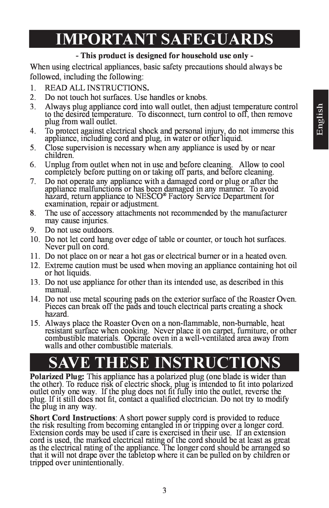 Nesco Electric Roaster Oven manual Important Safeguards, Save These Instructions, English 