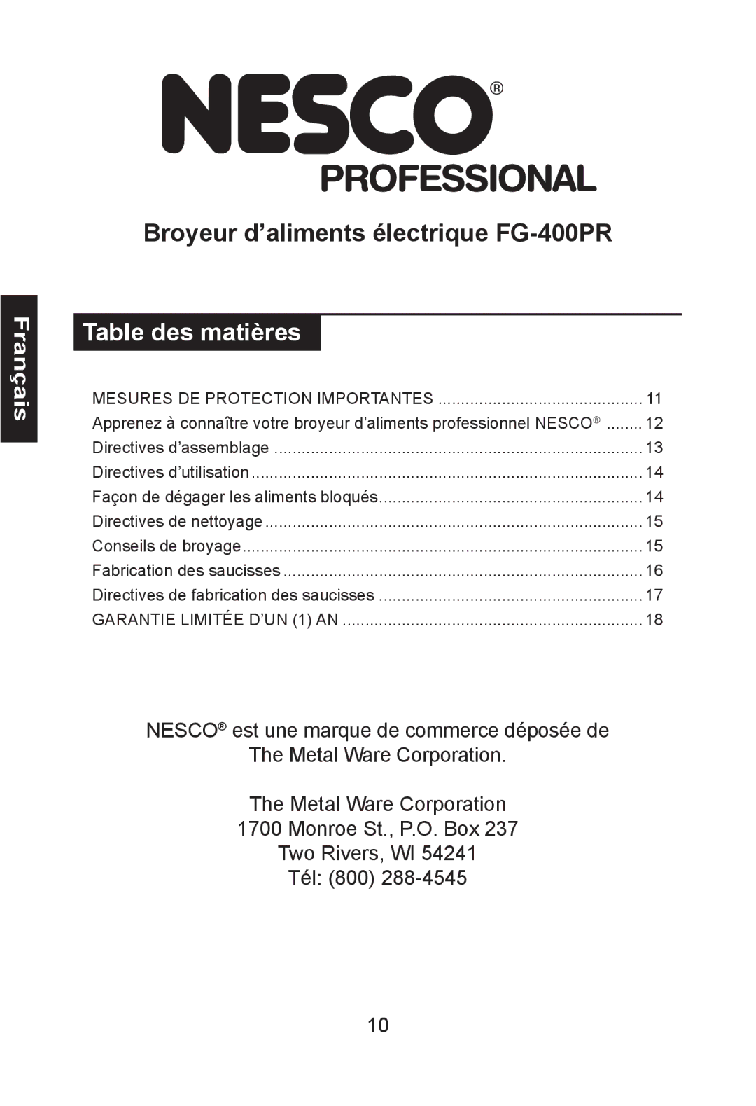 Nesco FG-400PR manual Français 