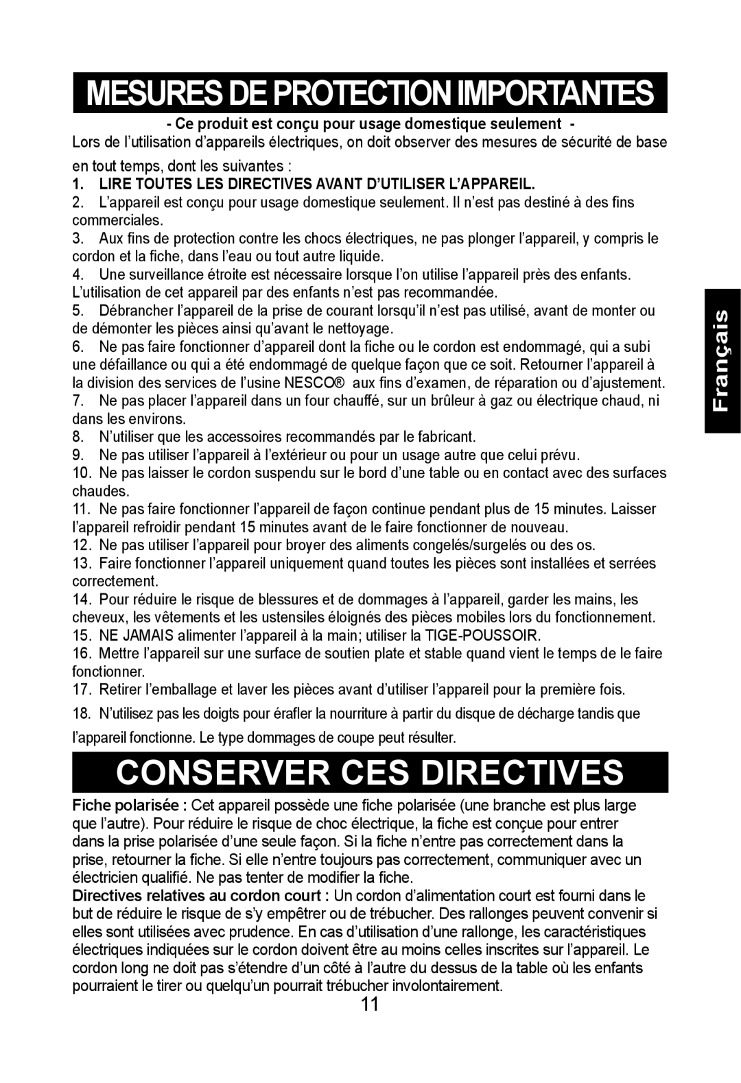 Nesco FG-400PR manual Conserver CES Directives 