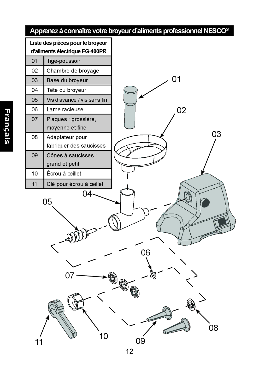 Nesco FG-400PR manual Adaptateur pour fabriquer des saucisses 