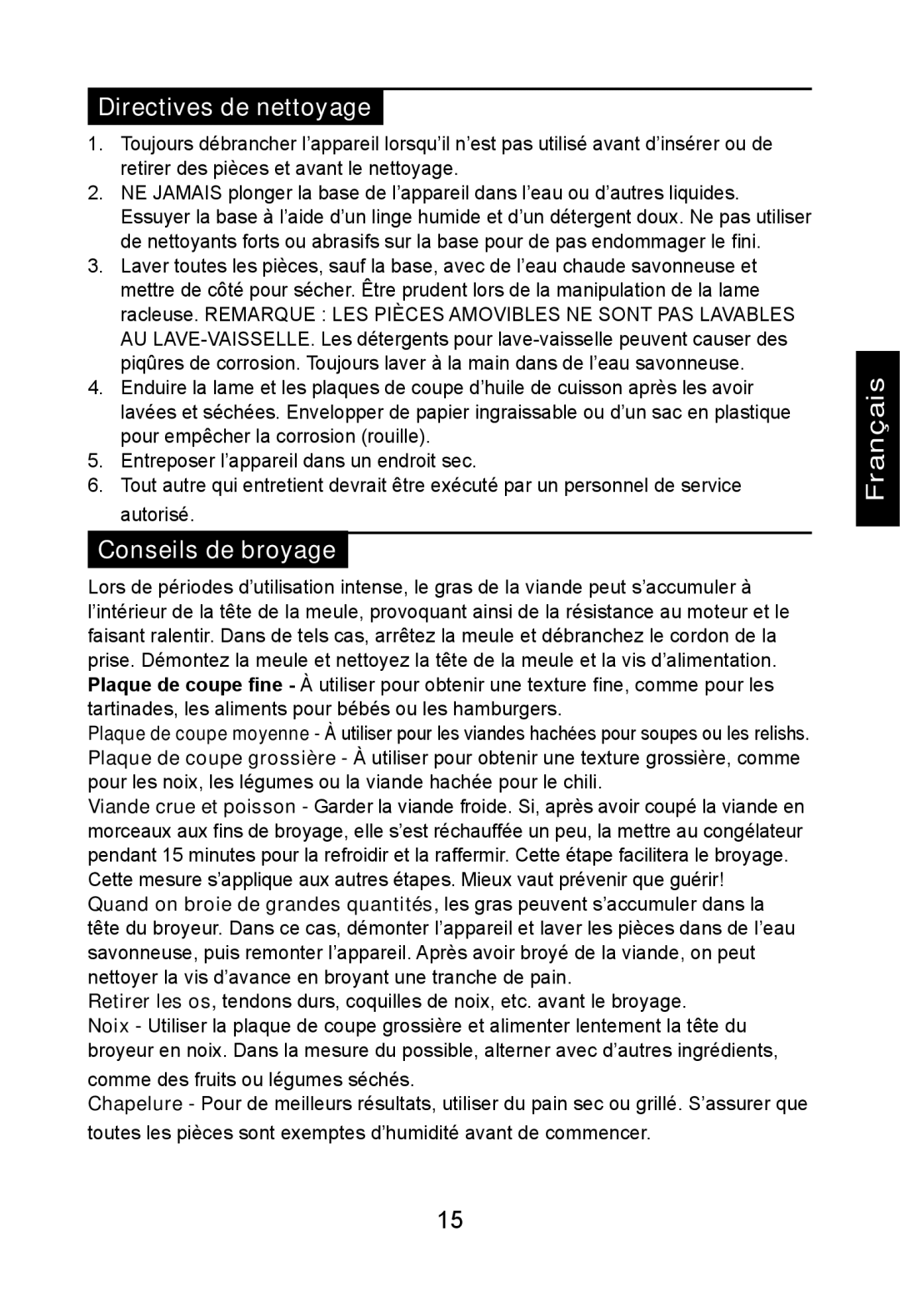 Nesco FG-400PR manual Directives de nettoyage, Conseils de broyage 