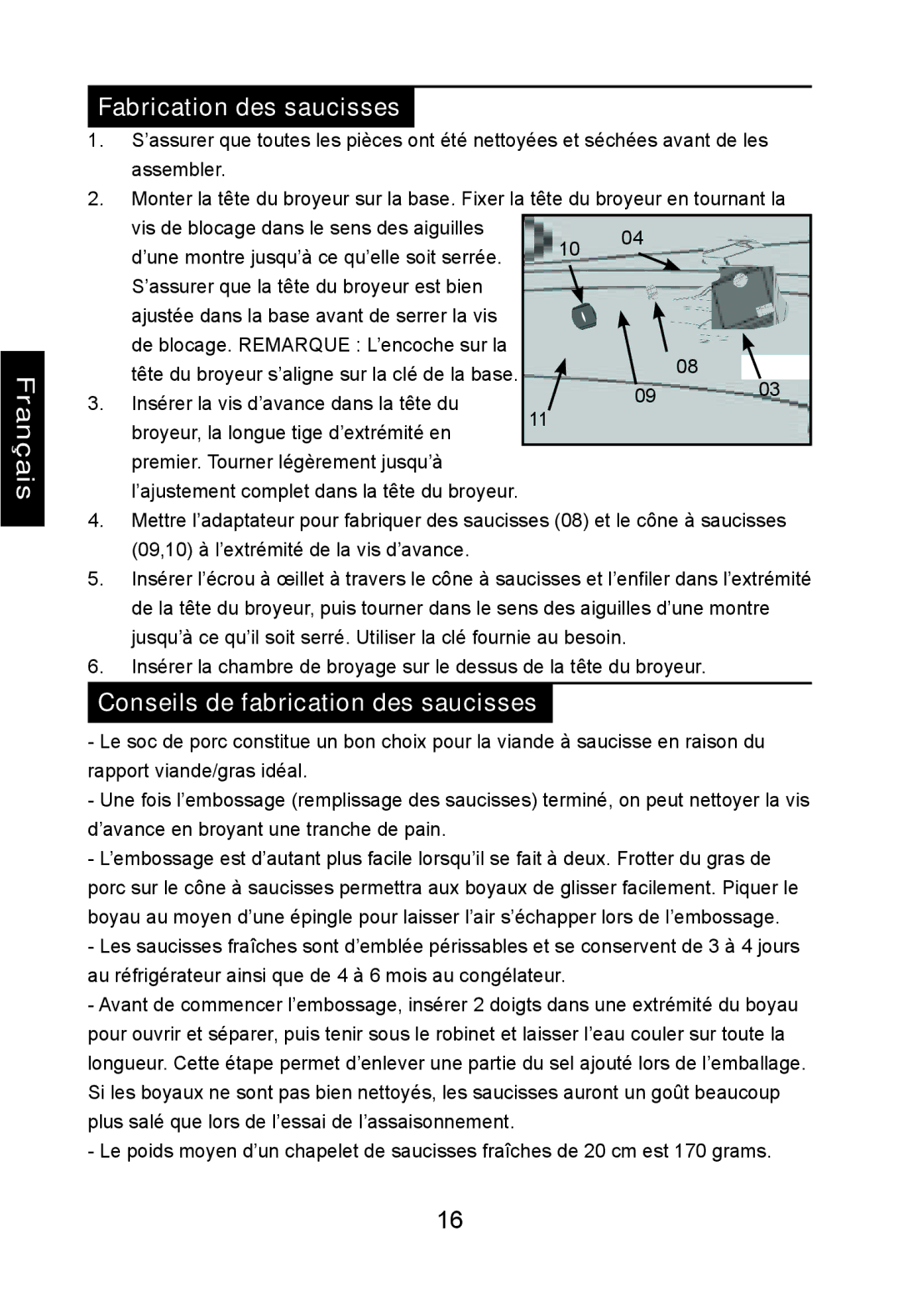 Nesco FG-400PR manual Fabrication des saucisses, Conseils de fabrication des saucisses 