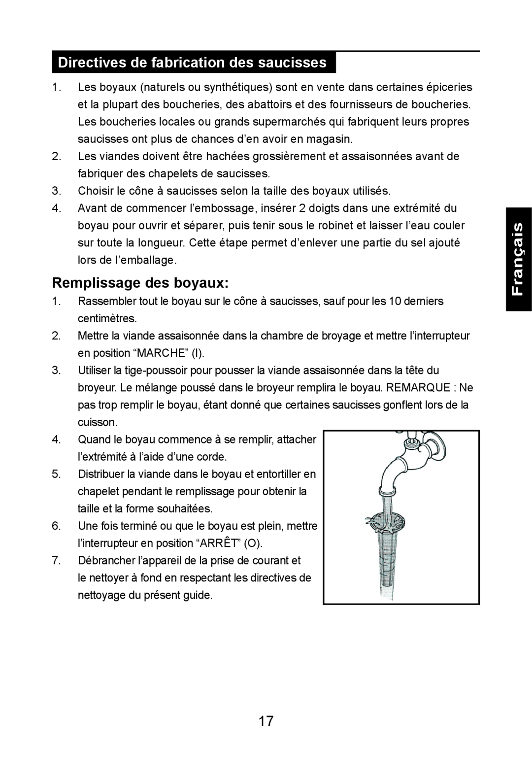 Nesco FG-400PR manual Directives de fabrication des saucisses, Remplissage des boyaux 