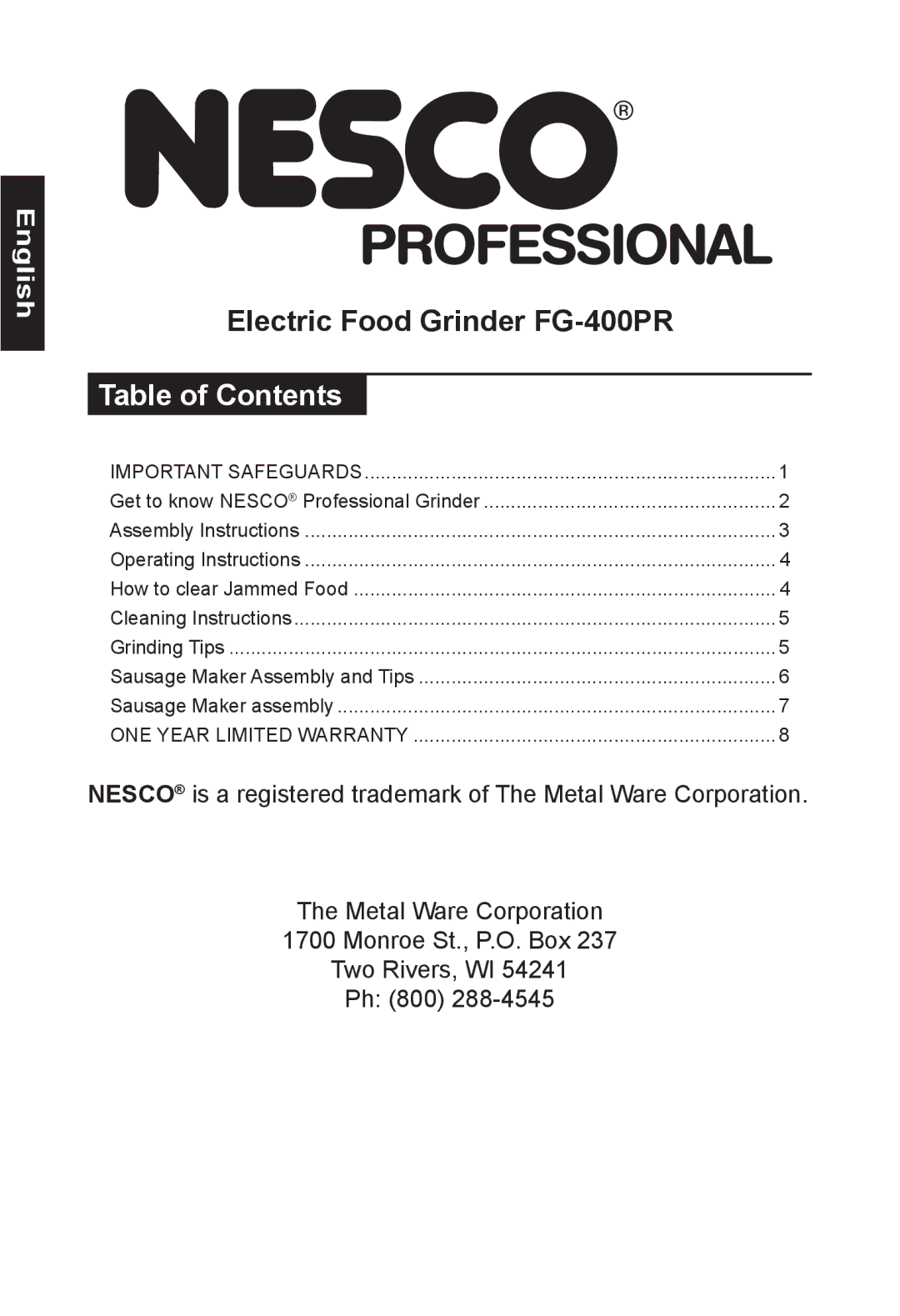 Nesco FG-400PR manual English 