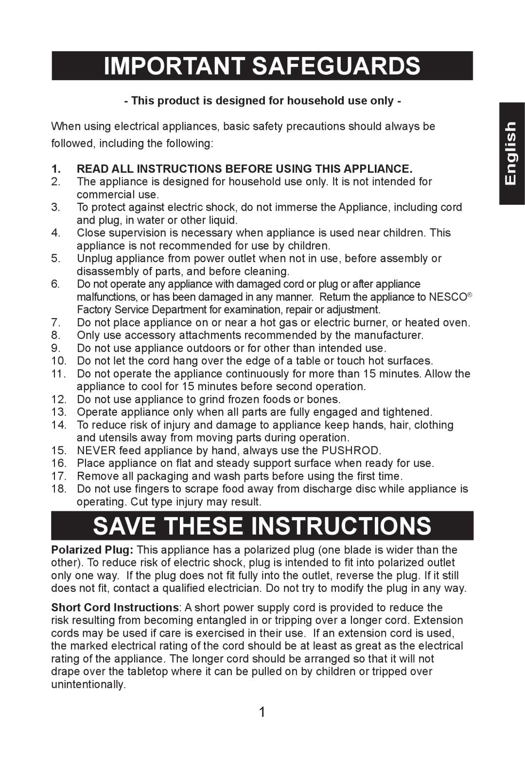 Nesco FG-400PR manual Important Safeguards 