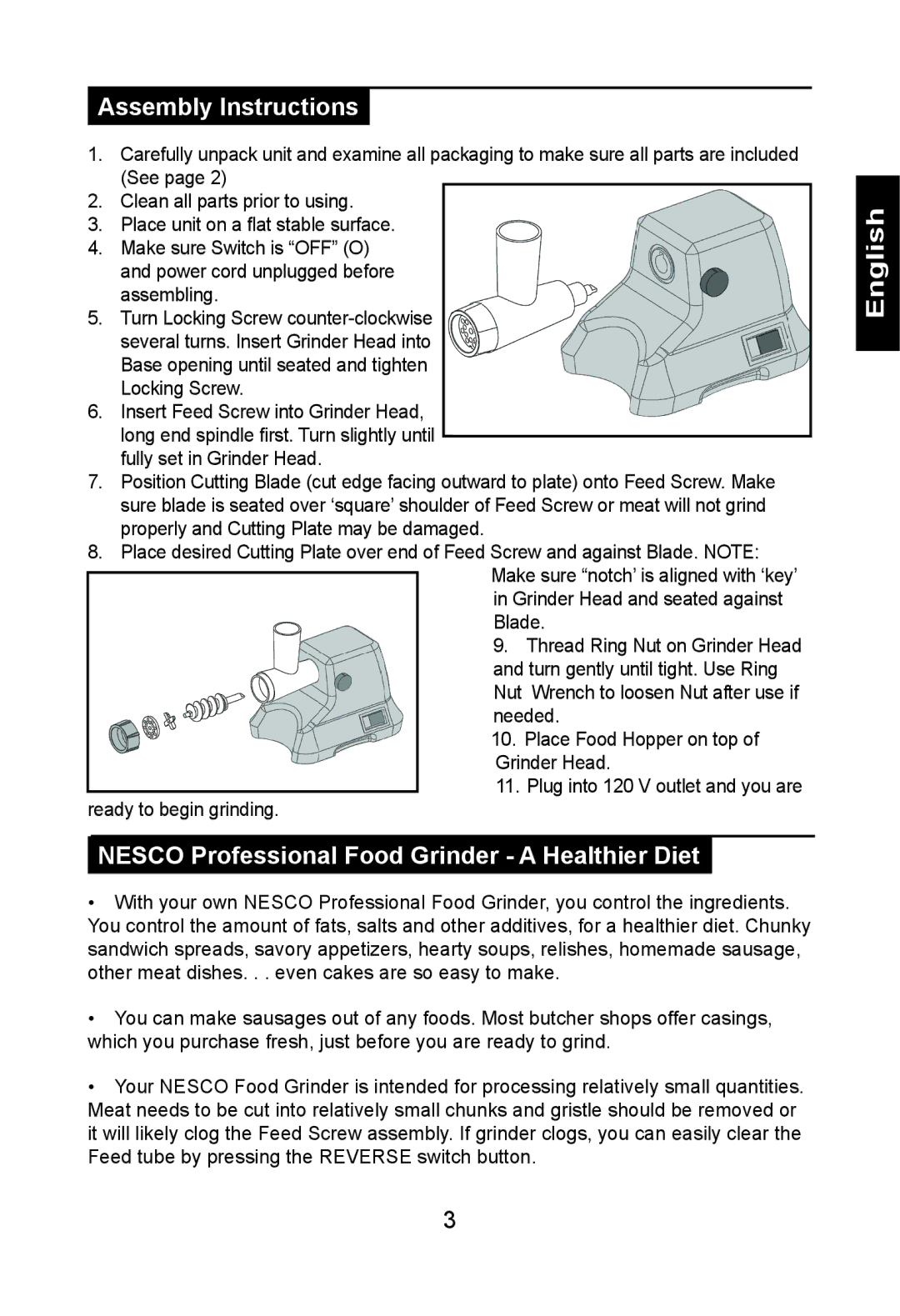 Nesco FG-400PR manual Assembly Instructions, Nesco Professional Food Grinder a Healthier Diet 