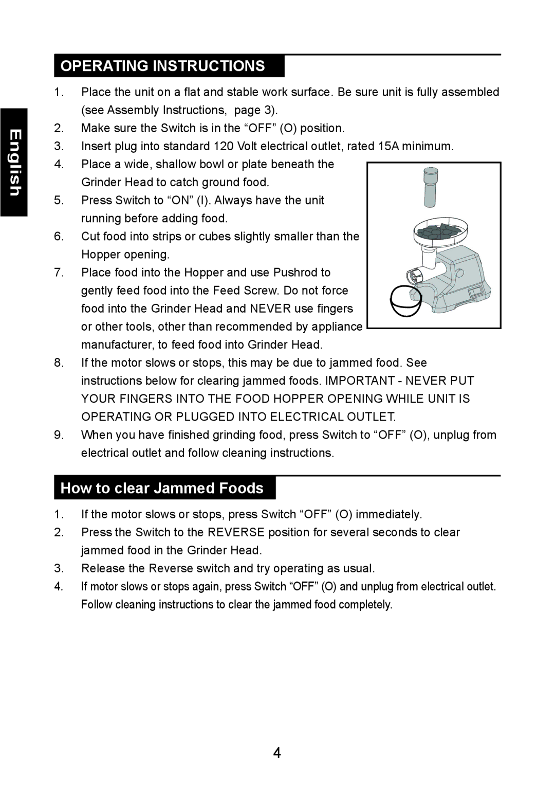 Nesco FG-400PR manual Operating Instructions, How to clear Jammed Foods 