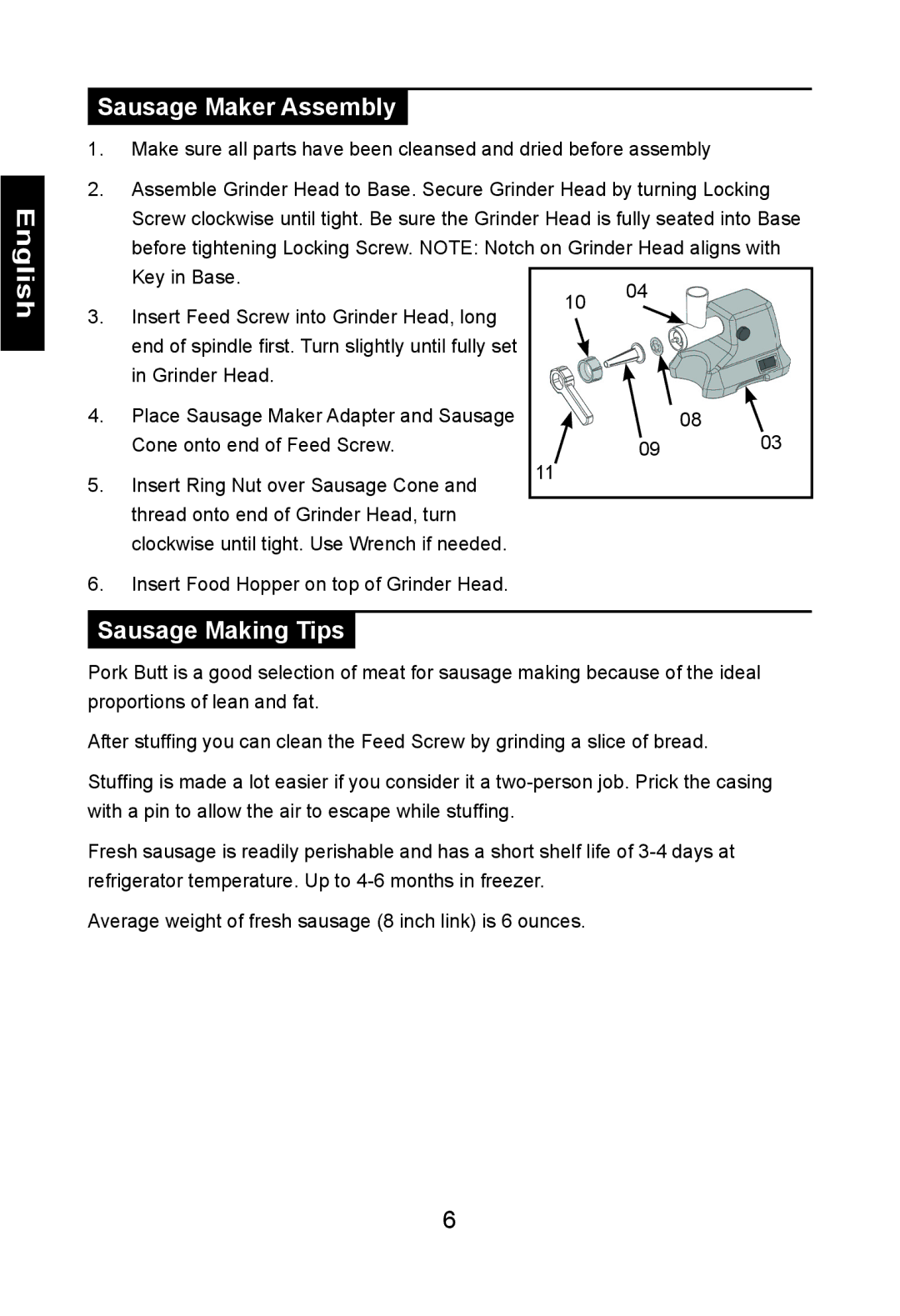 Nesco FG-400PR manual Sausage Maker Assembly, Sausage Making Tips 