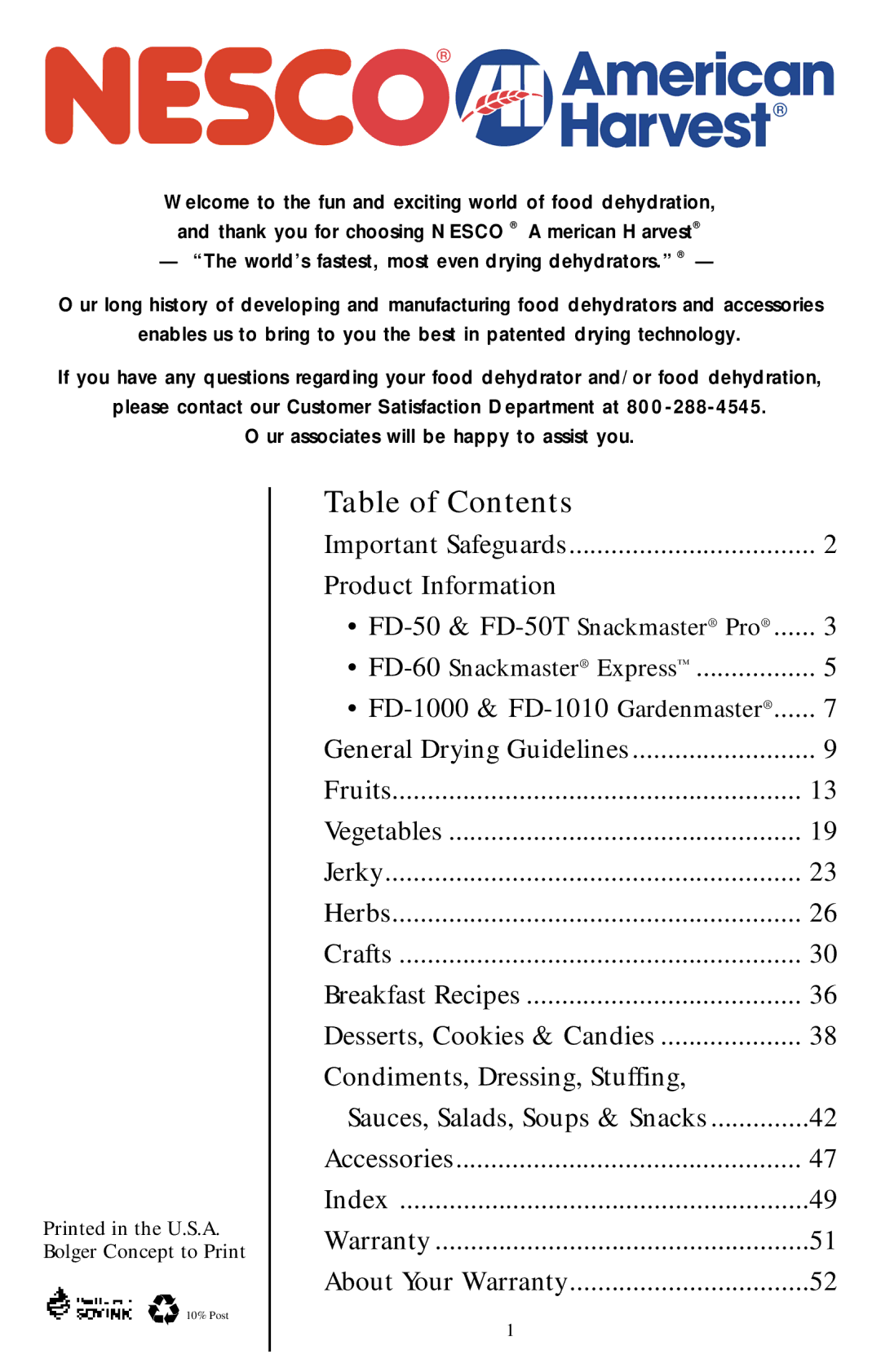 Nesco Food Dehydrator manual Table of Contents 