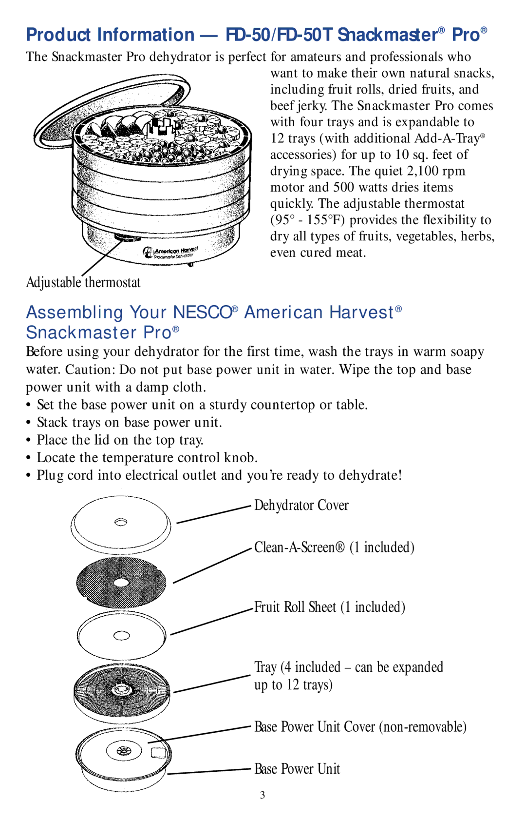 Nesco Food Dehydrator manual Product Information FD-50/FD-50T Snackmaster Pro 