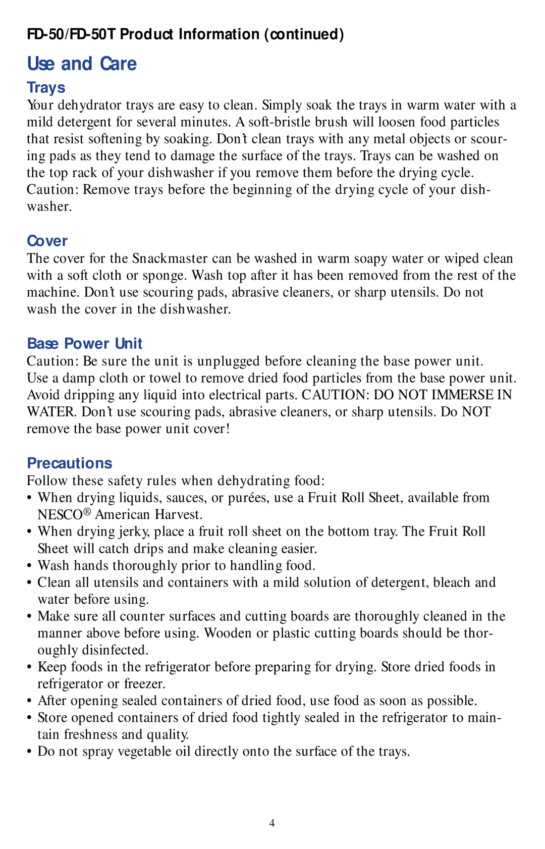 Nesco Food Dehydrator manual Use and Care, Follow these safety rules when dehydrating food 