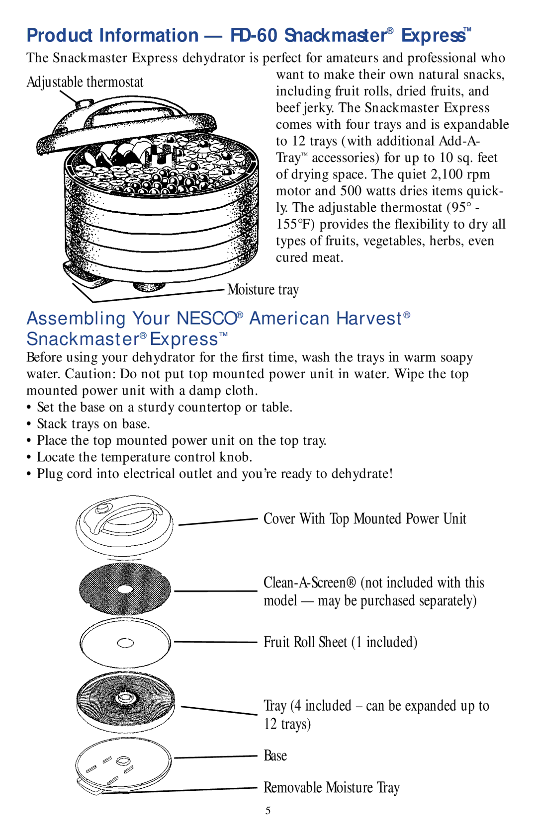 Nesco Food Dehydrator manual Product Information FD-60 Snackmaster Express 