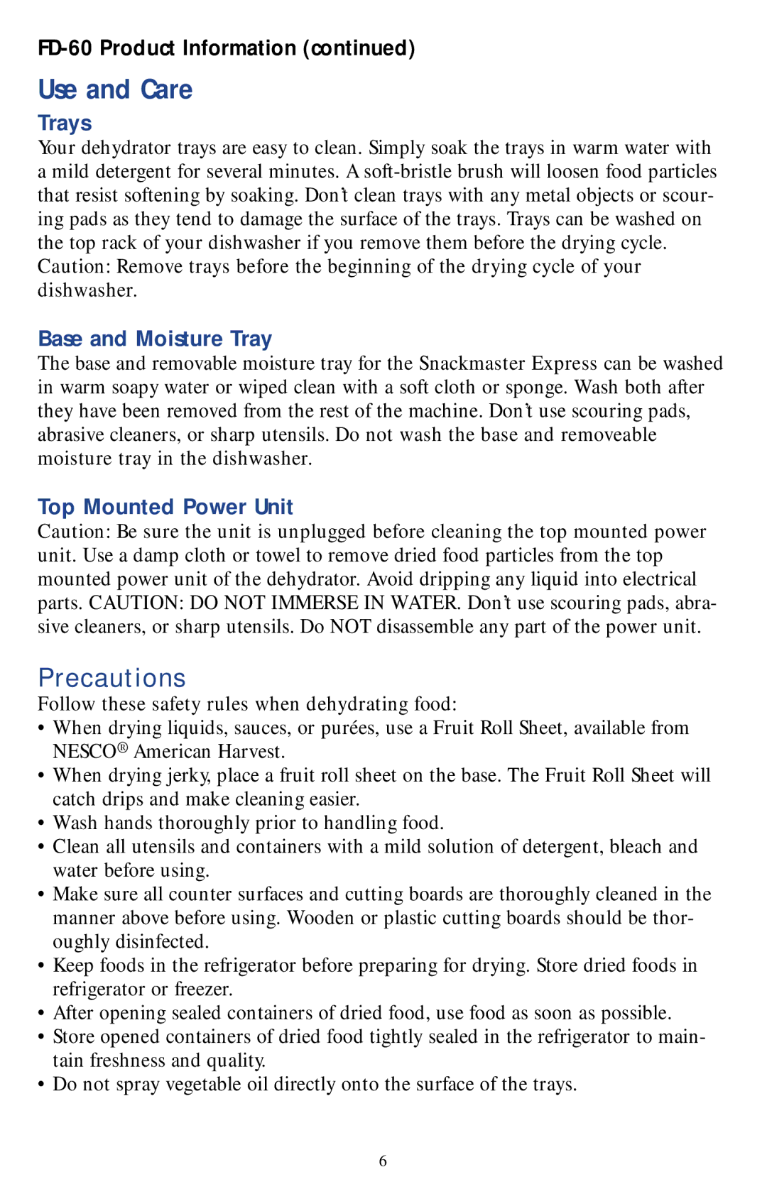 Nesco Food Dehydrator manual Precautions, Base and Moisture Tray 