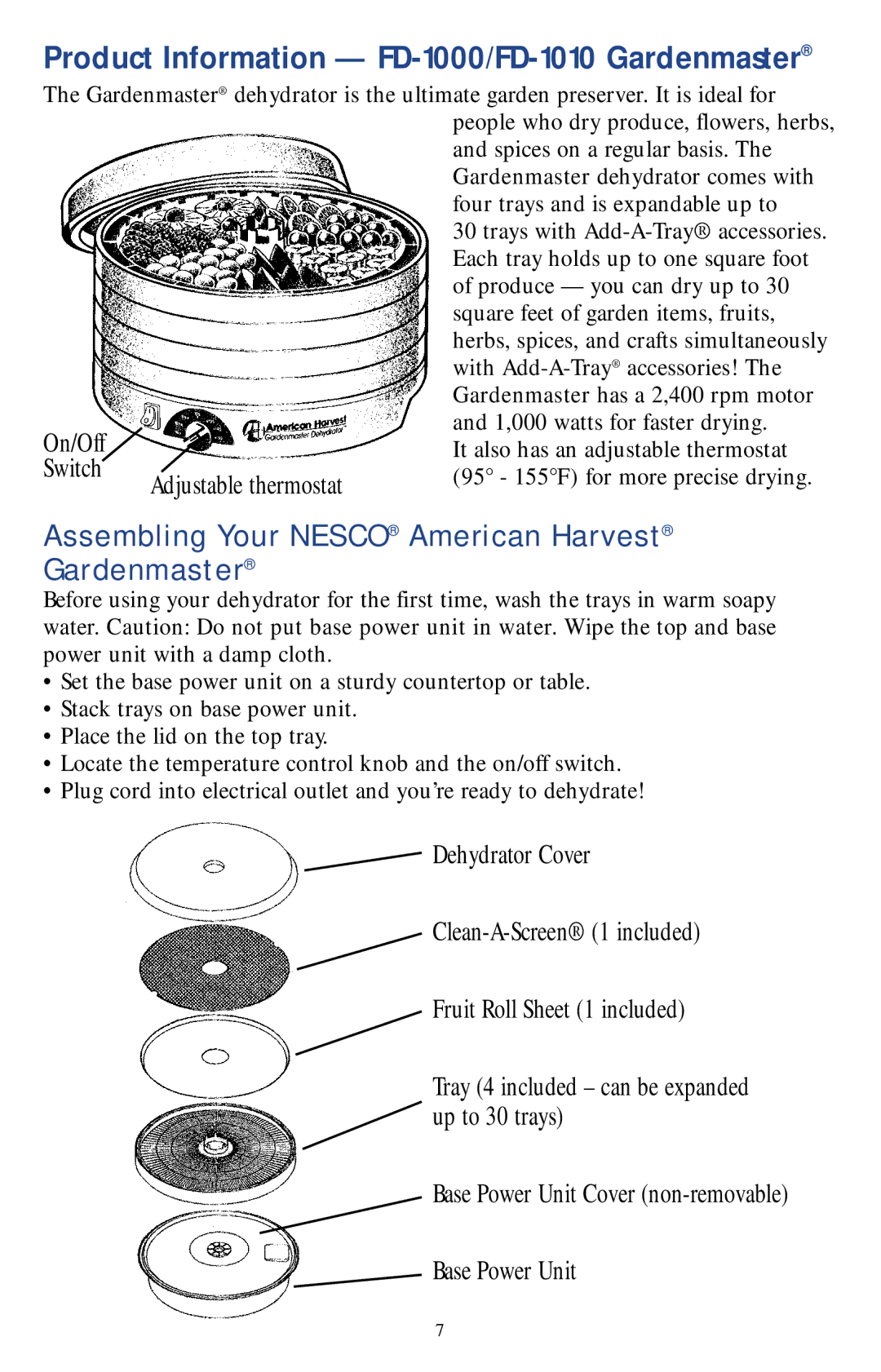 Nesco Food Dehydrator manual Product Information FD-1000/FD-1010 Gardenmaster 