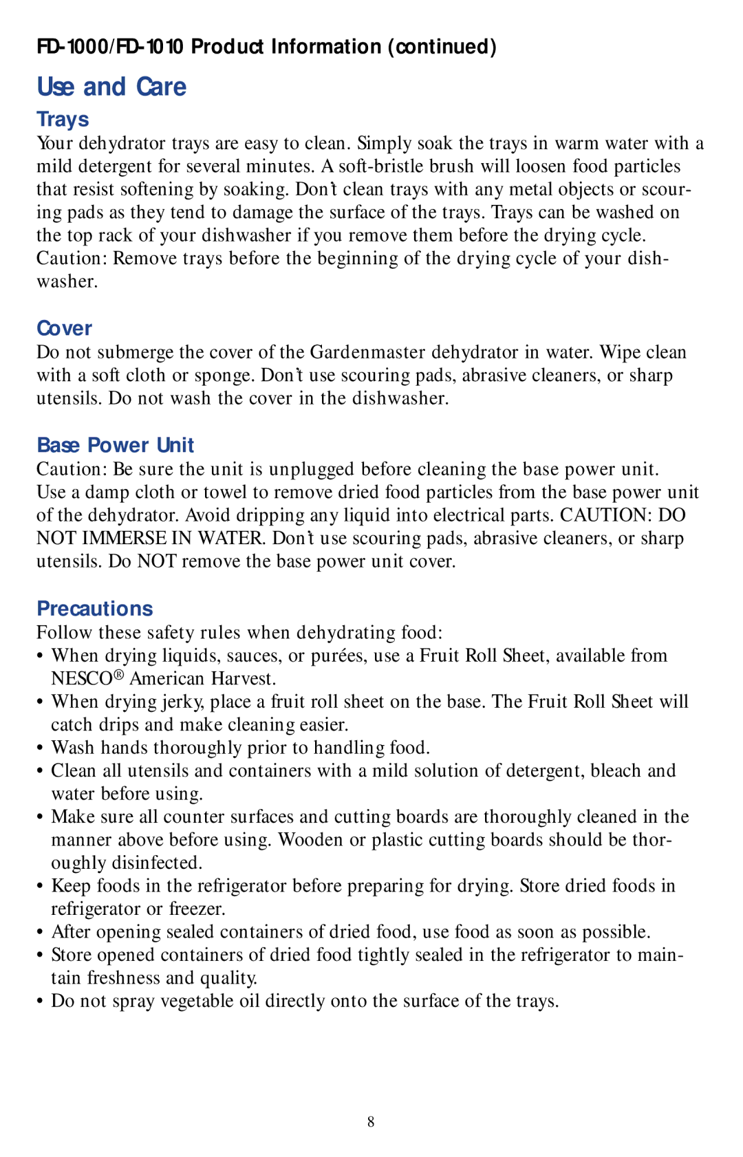 Nesco Food Dehydrator manual FD-1000/FD-1010 Product Information 