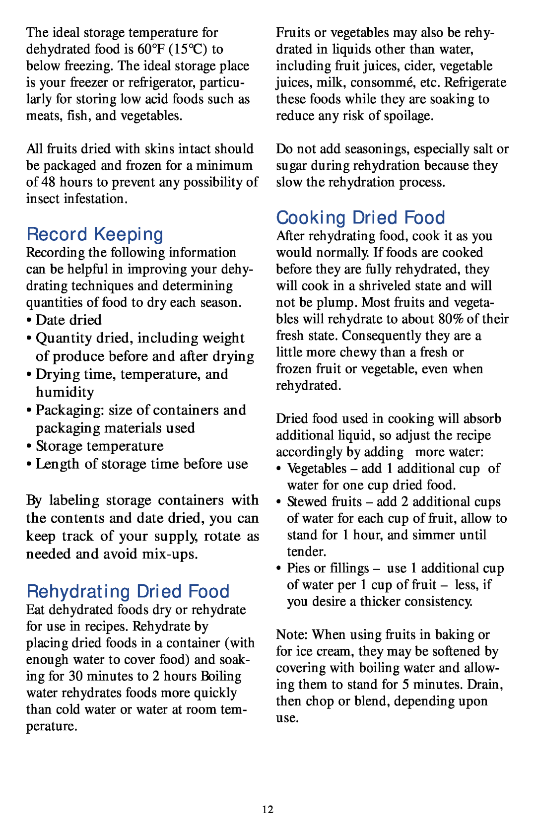 Nesco Food Dehydrator manual Record Keeping, Rehydrating Dried Food, Cooking Dried Food, Date dried 