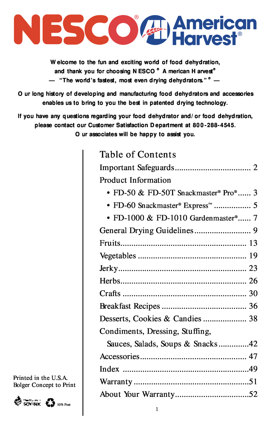Nesco Food Dehydrator manual Table of Contents, “The world’s fastest, most even drying dehydrators.” 