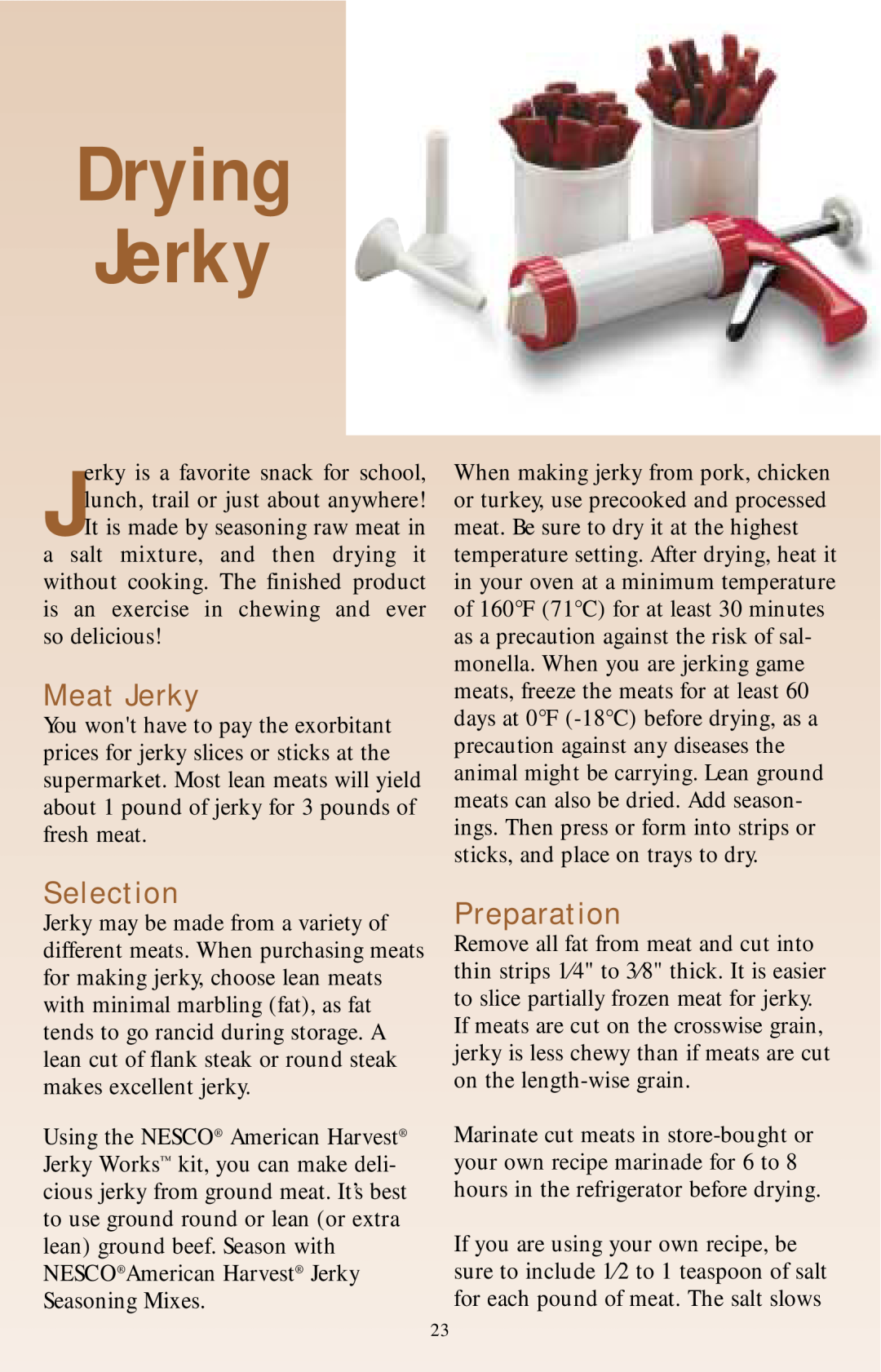 Nesco Food Dehydrator manual Meat Jerky, Selection, Preparation, Drying Jerky 
