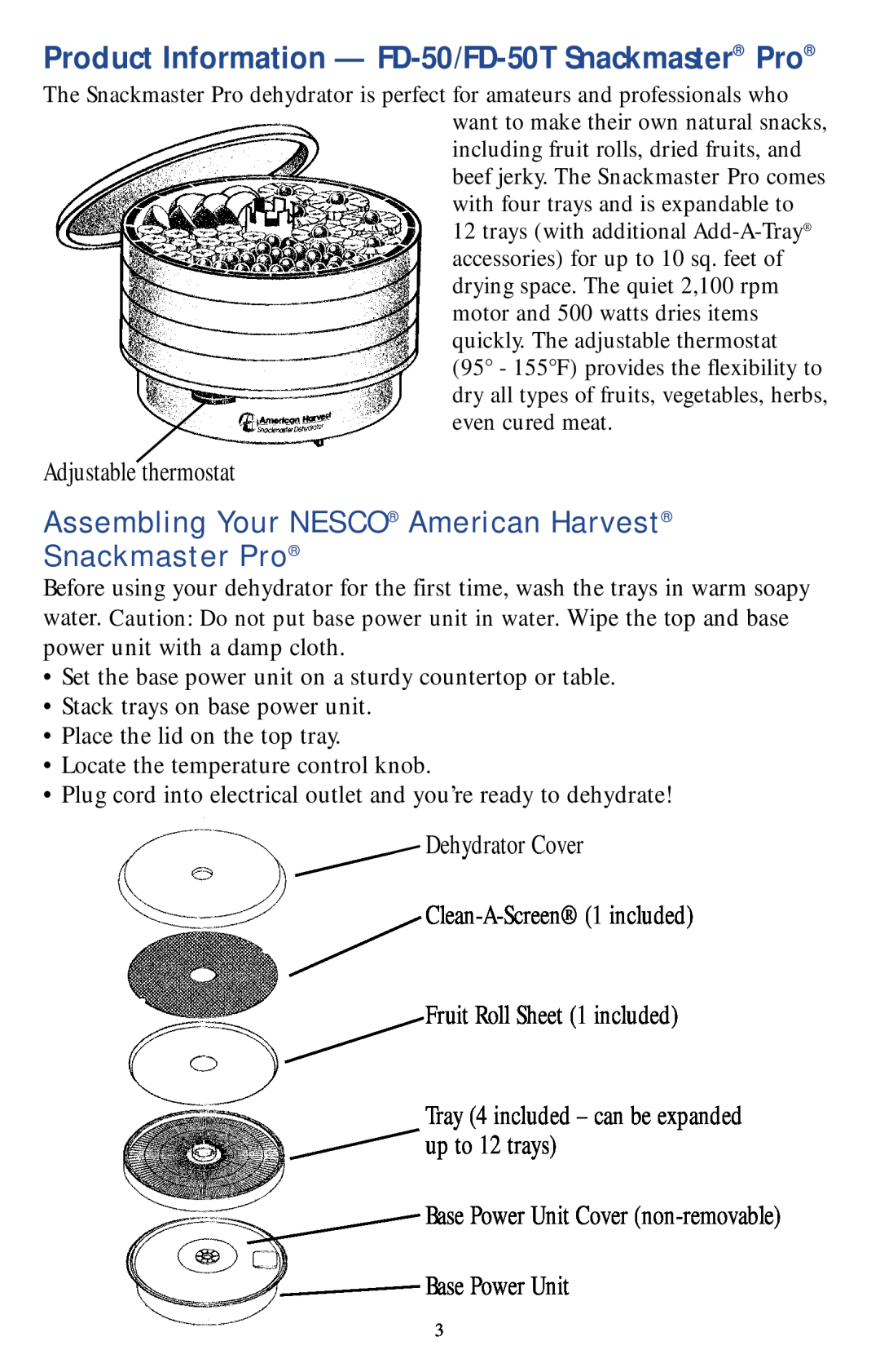 Nesco Food Dehydrator manual Product Information - FD-50/FD-50T Snackmaster Pro, Adjustable thermostat 