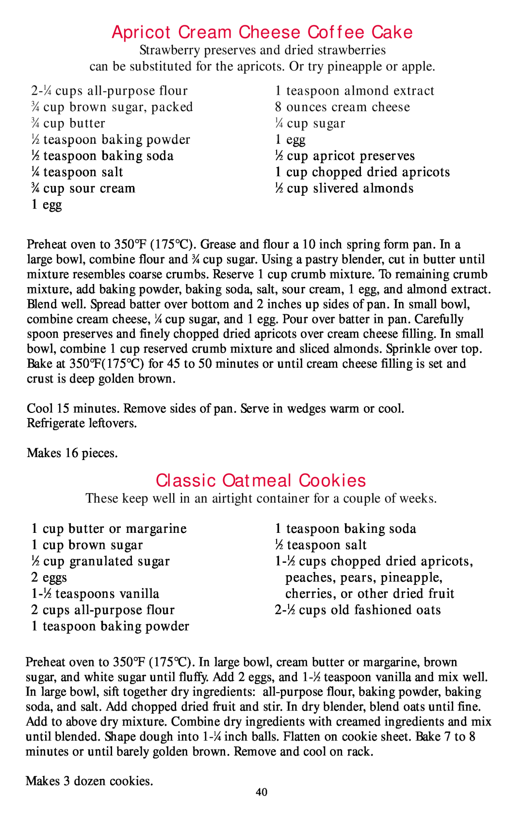 Nesco Food Dehydrator manual Apricot Cream Cheese Coffee Cake, Classic Oatmeal Cookies 