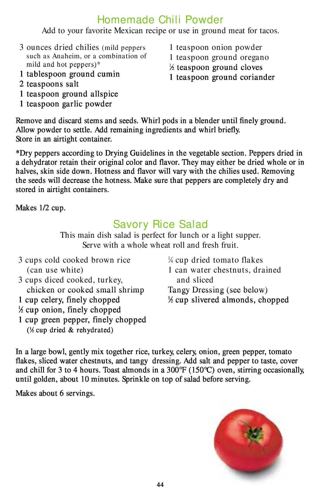 Nesco Food Dehydrator manual Homemade Chili Powder, Savory Rice Salad 