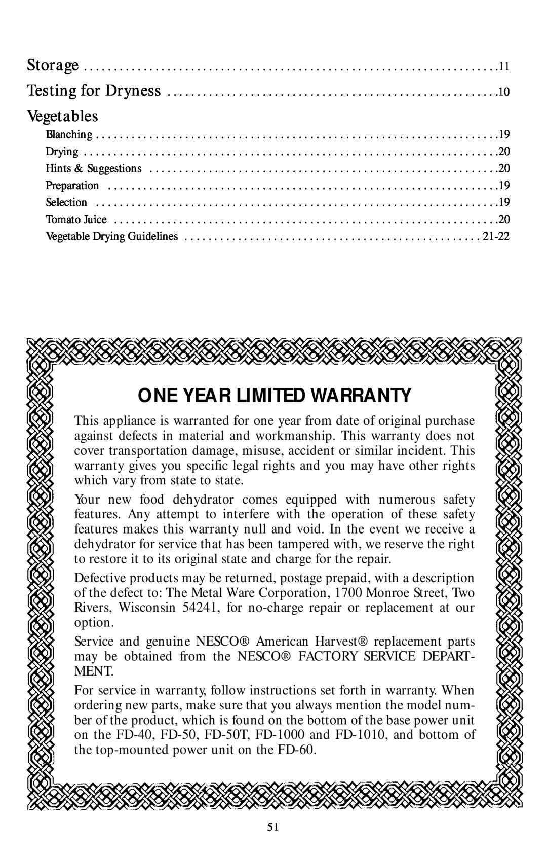 Nesco Food Dehydrator manual One Year Limited Warranty, Vegetables 