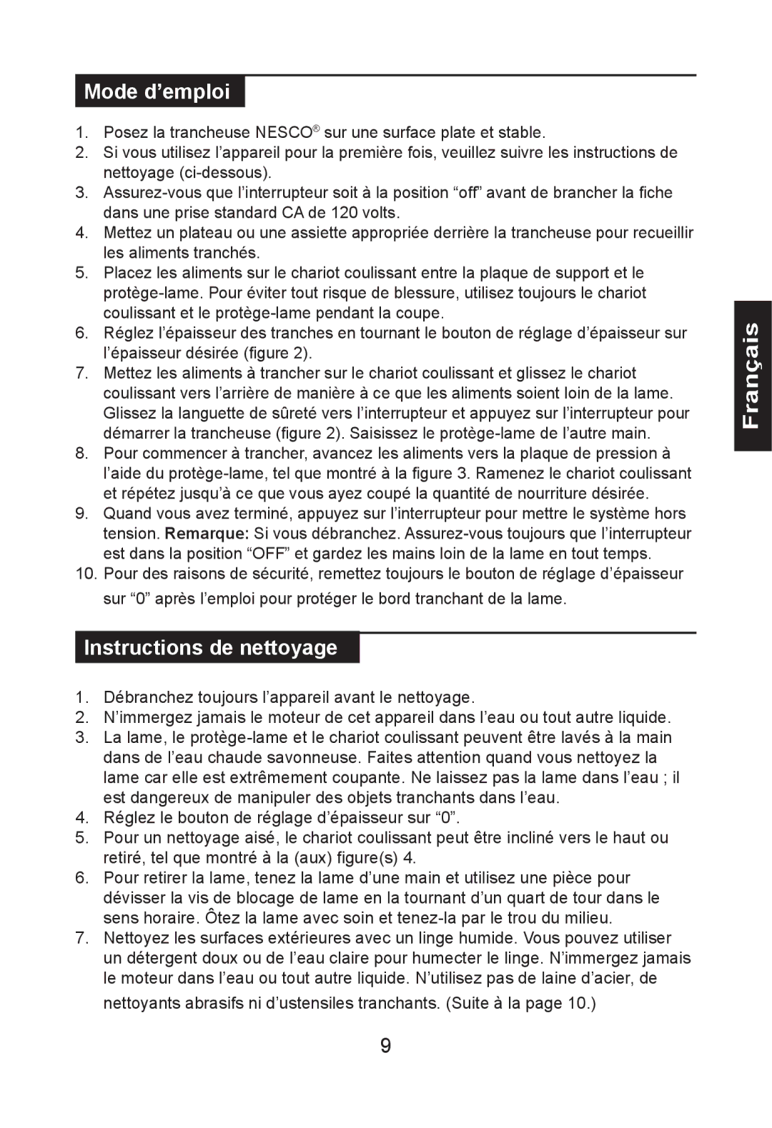 Nesco FS-150PR manual Mode d’emploi, Instructions de nettoyage 