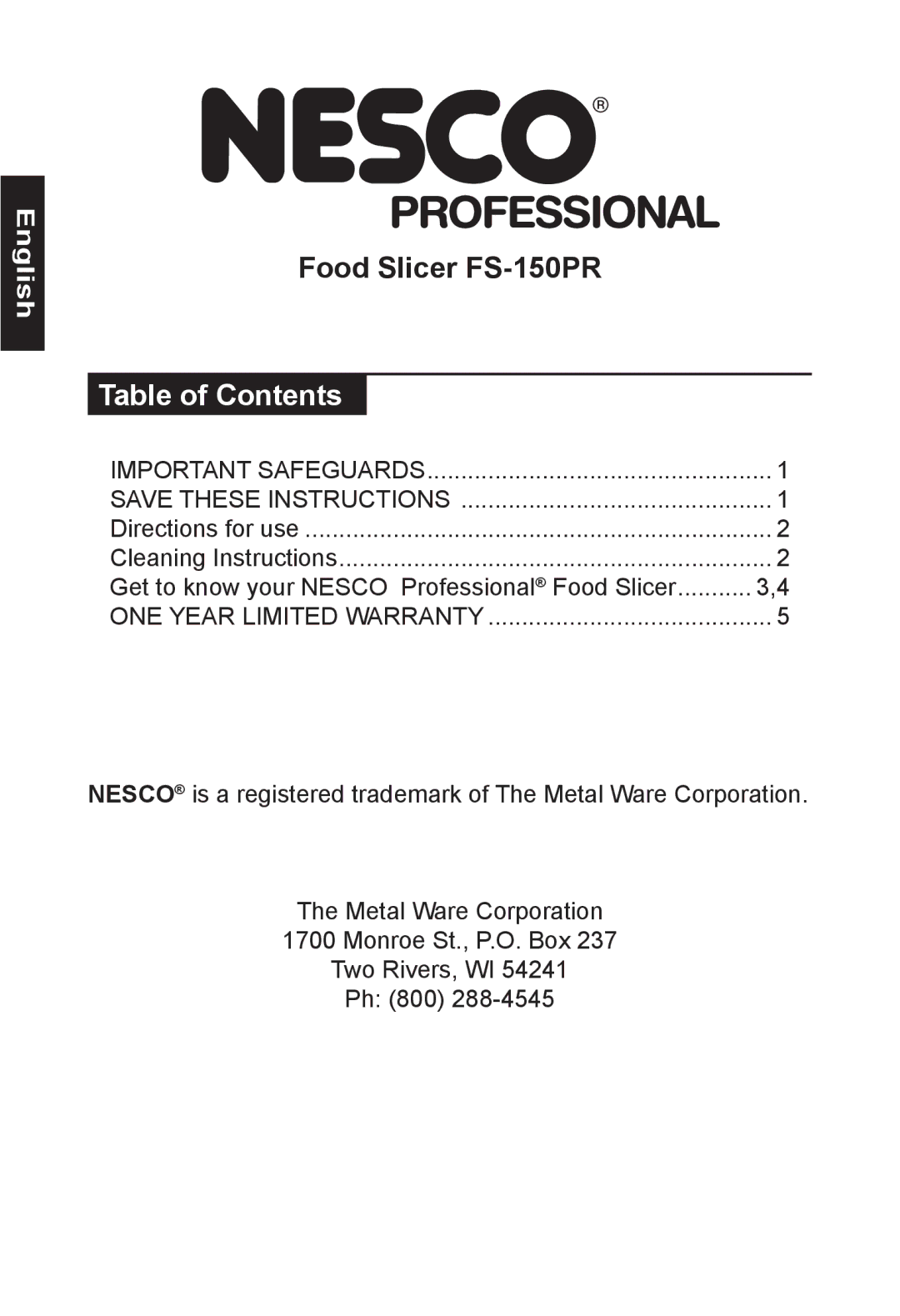 Nesco FS-150PR manual English 