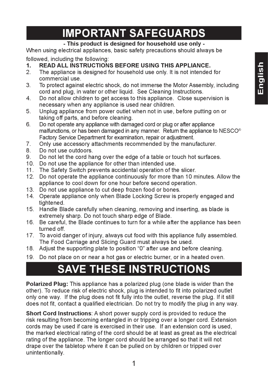 Nesco FS-150PR manual Important Safeguards 