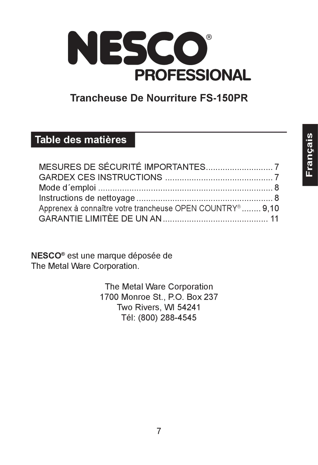 Nesco FS-150PR manual Français 