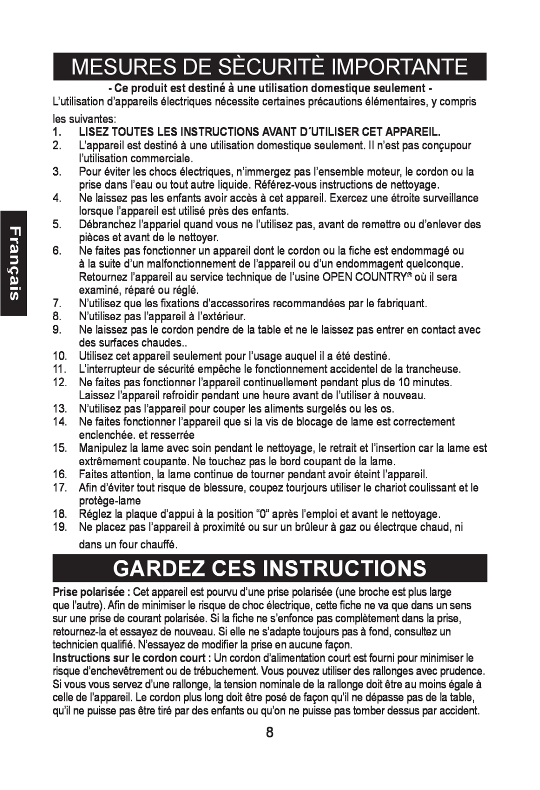 Nesco FS-150PR manual Gardez Ces Instructions, Mesures De Sècuritè Importante, Français 