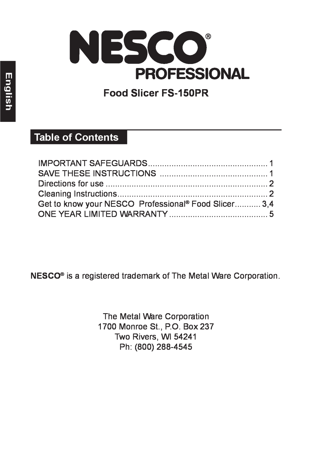 Nesco manual English, Food Slicer FS-150PR, Table of Contents 