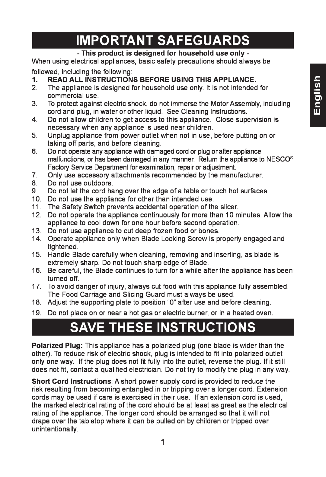 Nesco FS-150PR manual Important Safeguards, Save These Instructions, English 