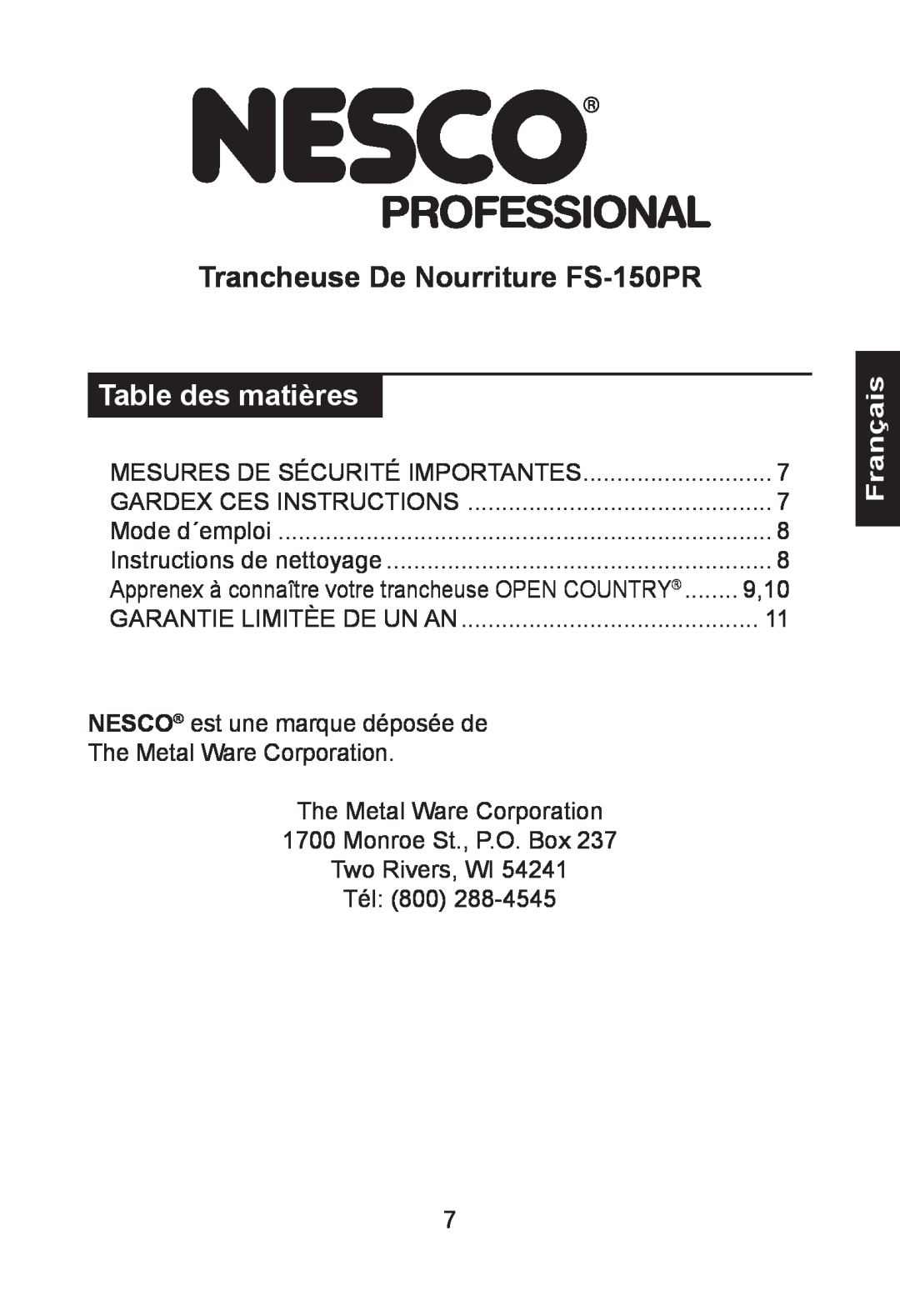 Nesco manual Français, Table des matières, Trancheuse De Nourriture FS-150PR 