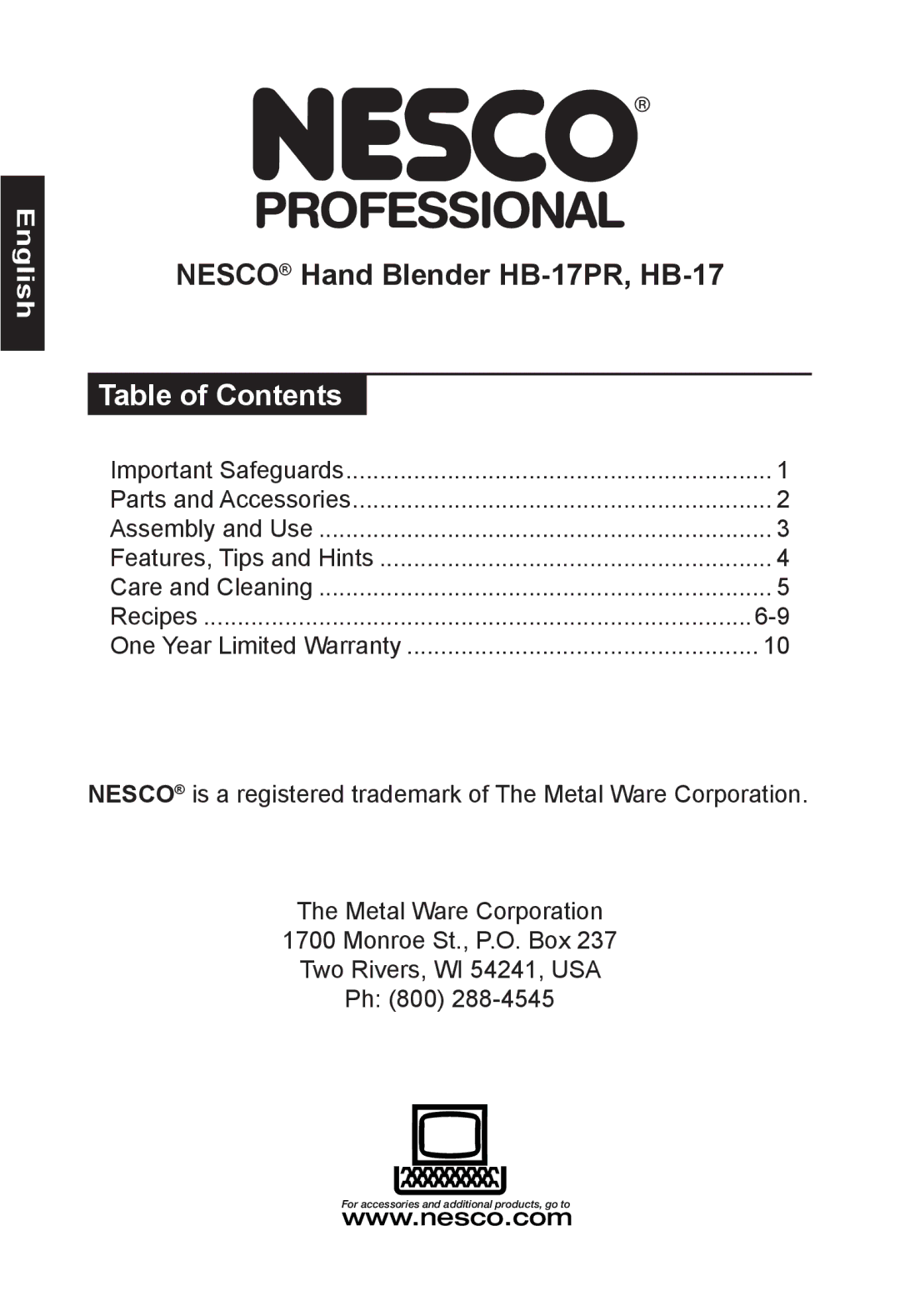 Nesco HB-17PR manual English 