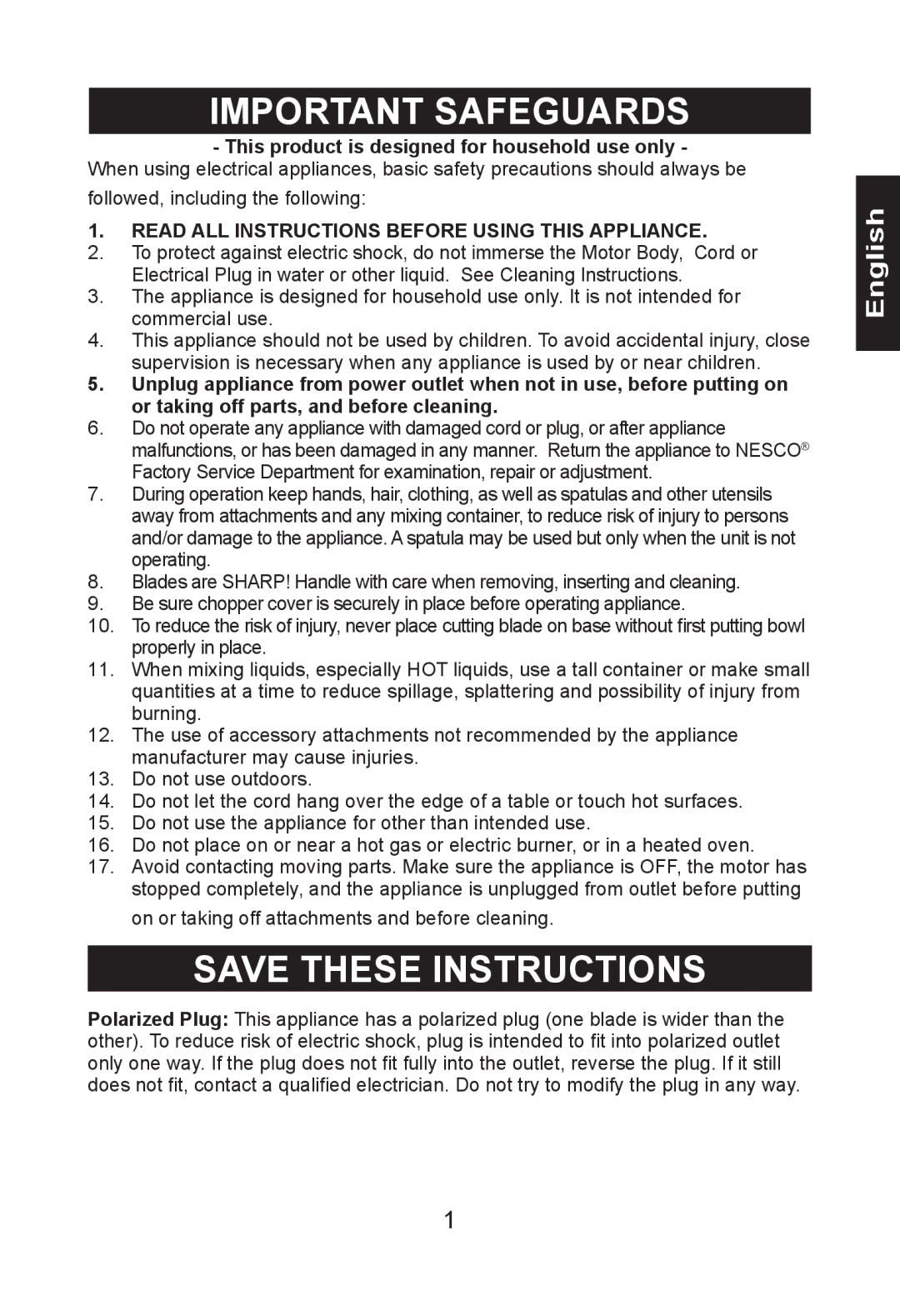 Nesco HB-17PR manual Important Safeguards 