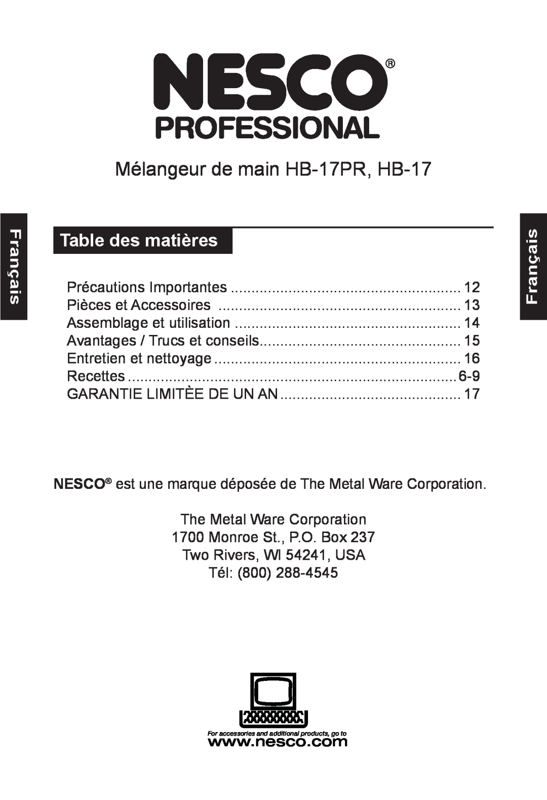 Nesco manual Français, Table des matières, Mélangeur de main HB-17PR, HB-17 