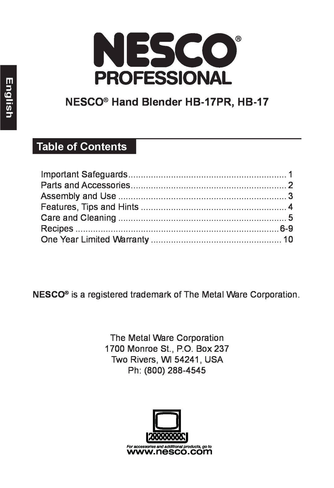 Nesco manual English, Table of Contents, NESCO Hand Blender HB-17PR, HB-17 