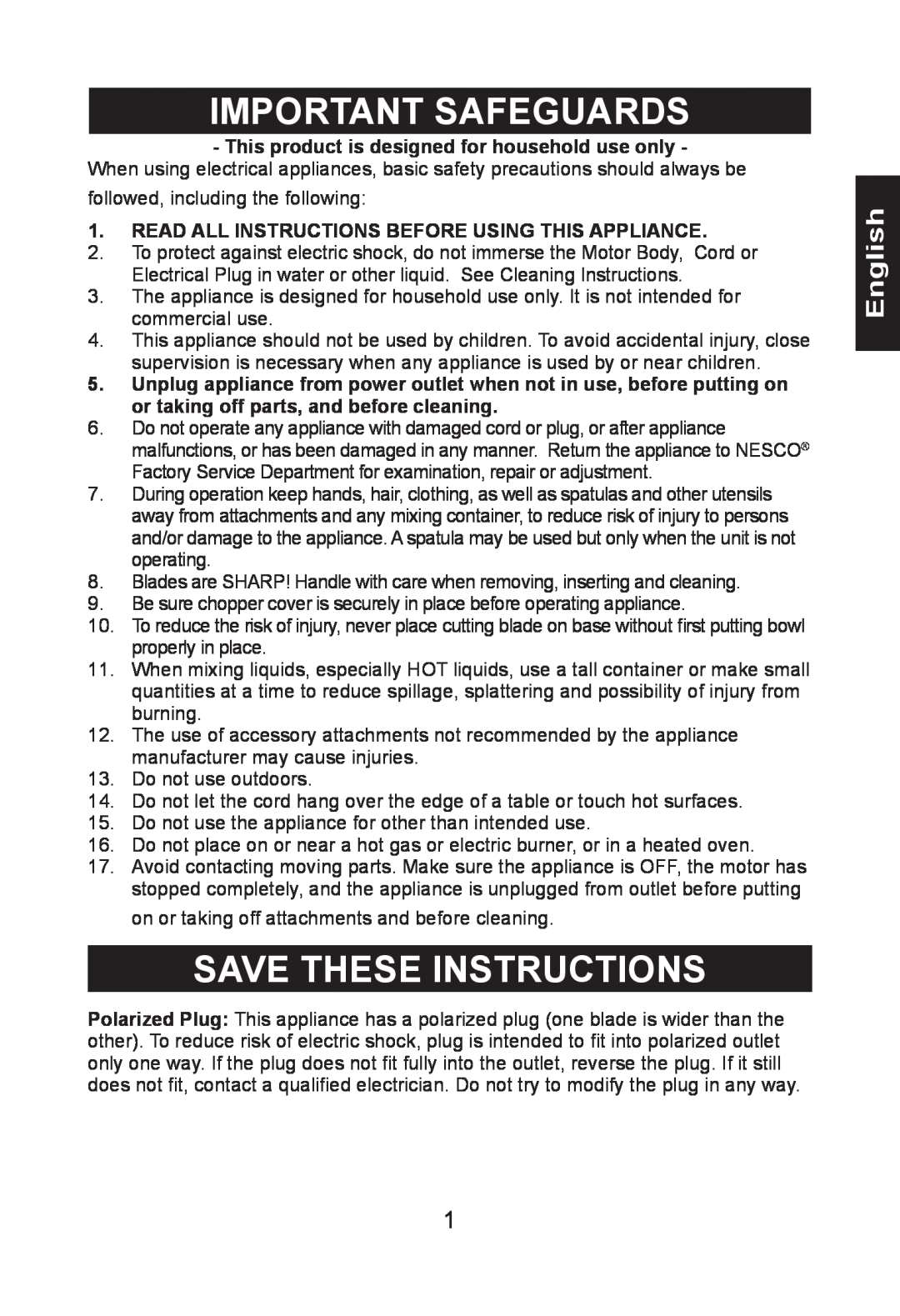 Nesco HB-17PR manual Important Safeguards, Save These Instructions, English 