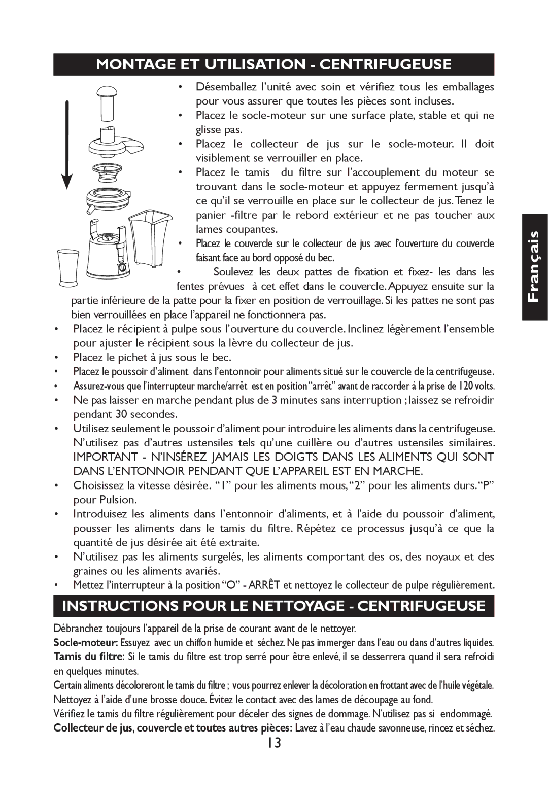 Nesco JB-50 manual Montage ET Utilisation Centrifugeuse, Instructions Pour LE Nettoyage Centrifugeuse 