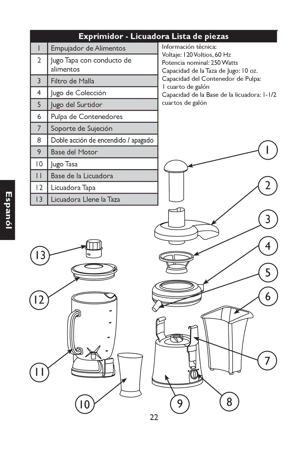 Nesco JB-50 manual Exprimidor Licuadora Lista de piezas 