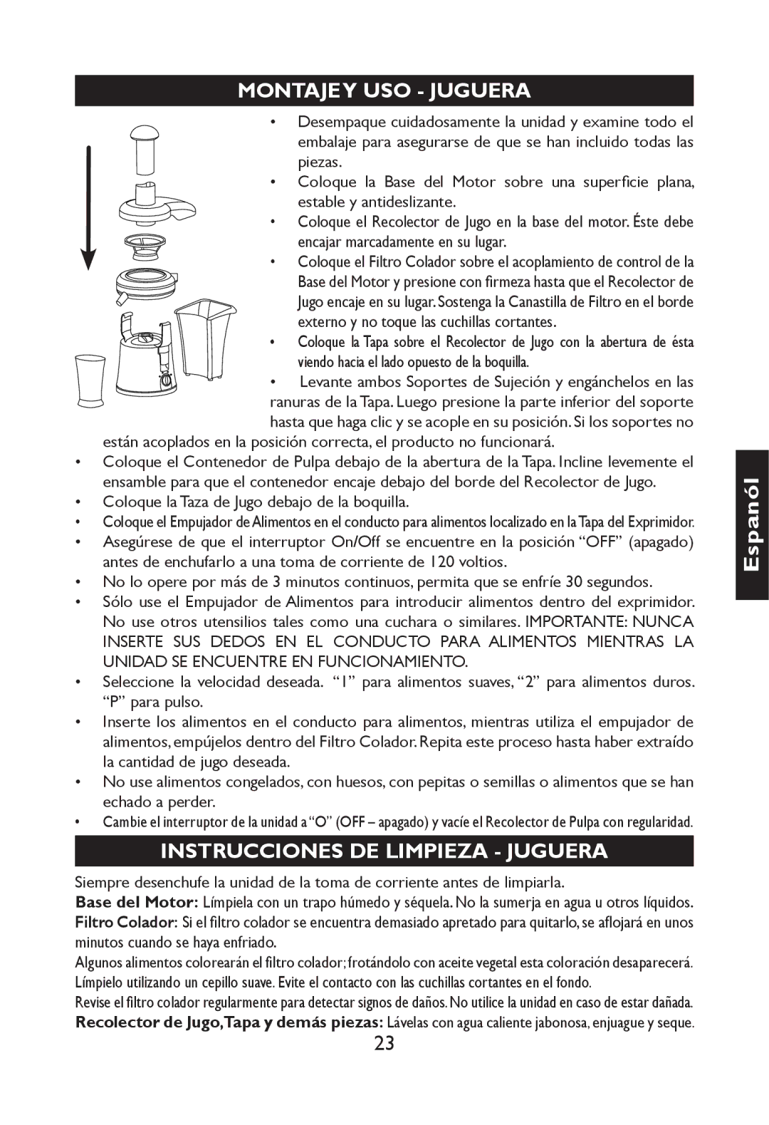 Nesco JB-50 manual Montaje Y USO Juguera, Instrucciones DE Limpieza Juguera 