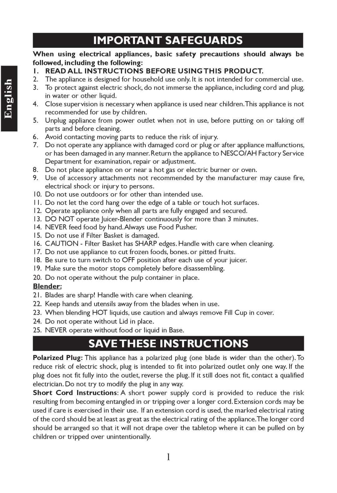 Nesco JB-50 manual Important Safeguards, Blender 