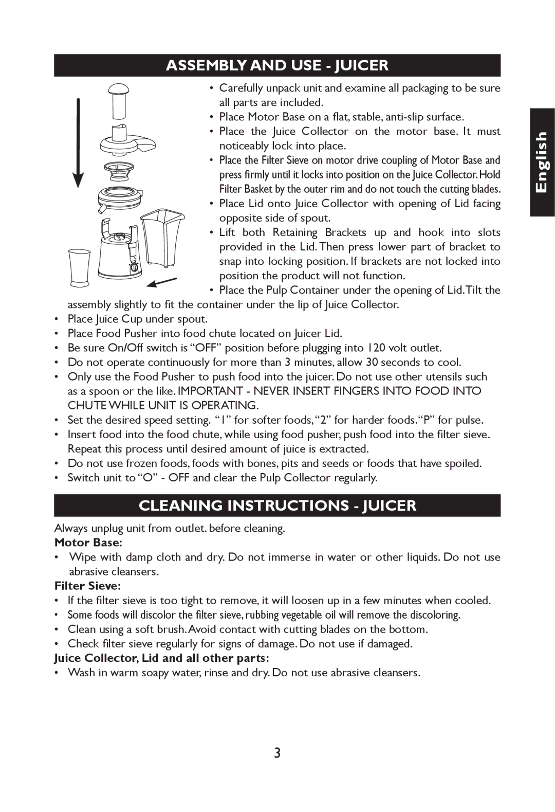 Nesco JB-50 manual Assembly and USE Juicer, Cleaning Instructions Juicer, Motor Base, Filter Sieve 