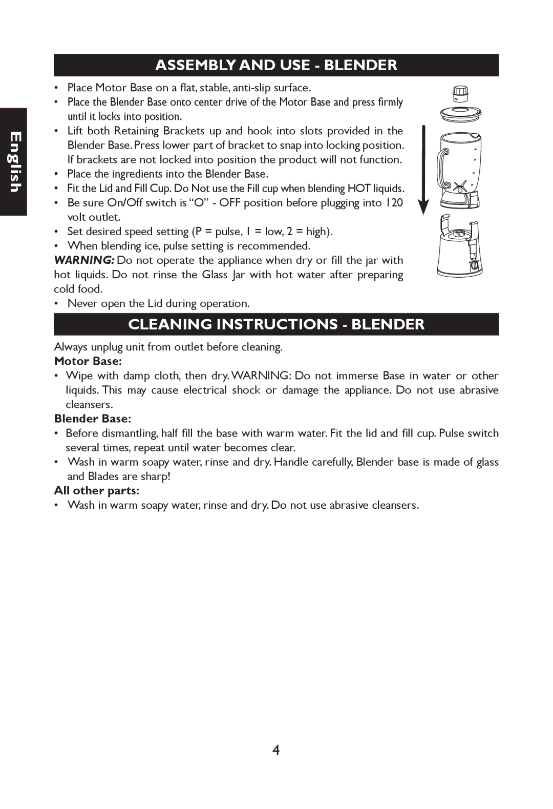 Nesco JB-50 manual Assembly and USE Blender, Cleaning Instructions Blender, Blender Base, All other parts 