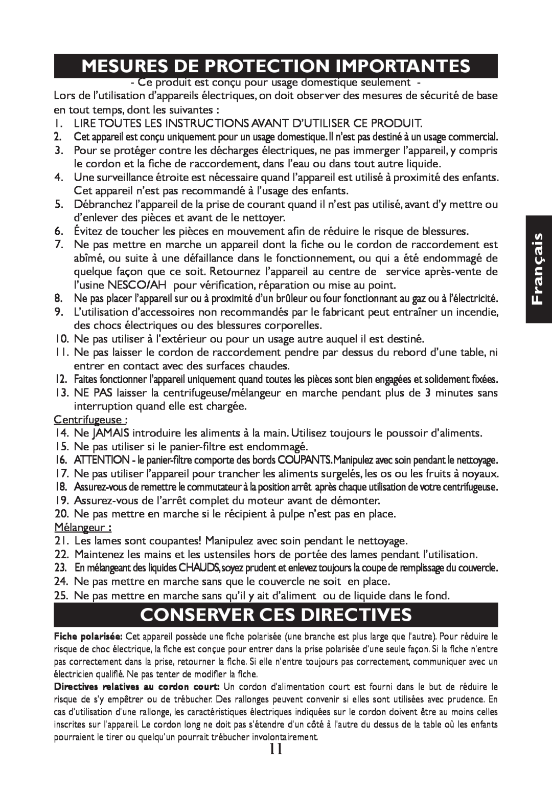 Nesco JB-50 manual Français, Mesures De Protection Importantes, Conserver Ces Directives 