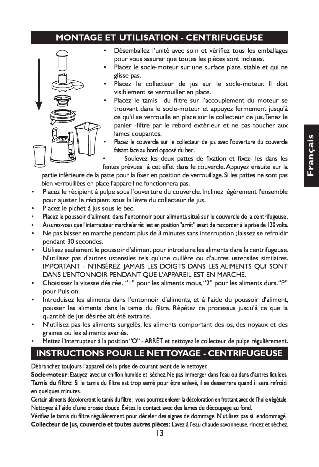 Nesco JB-50 manual Montage Et Utilisation - Centrifugeuse, Instructions Pour Le Nettoyage - Centrifugeuse, Français 