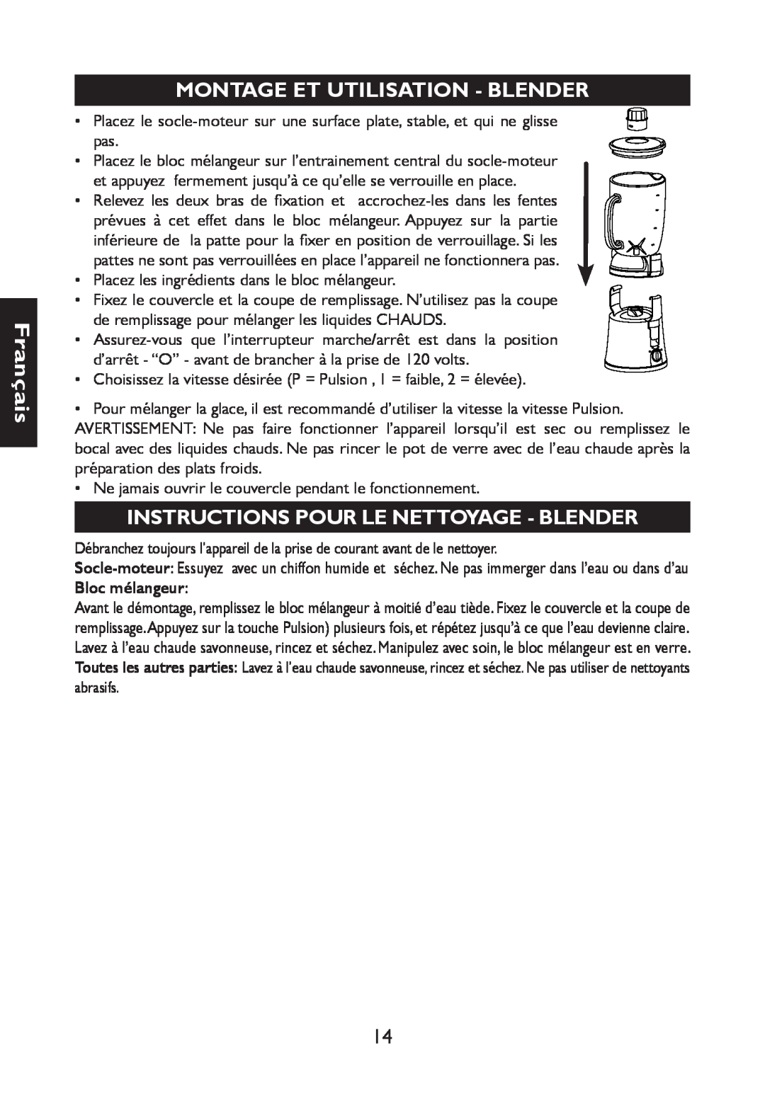 Nesco JB-50 manual Montage Et Utilisation - Blender, Instructions Pour Le Nettoyage - Blender, Français, Bloc mélangeur 