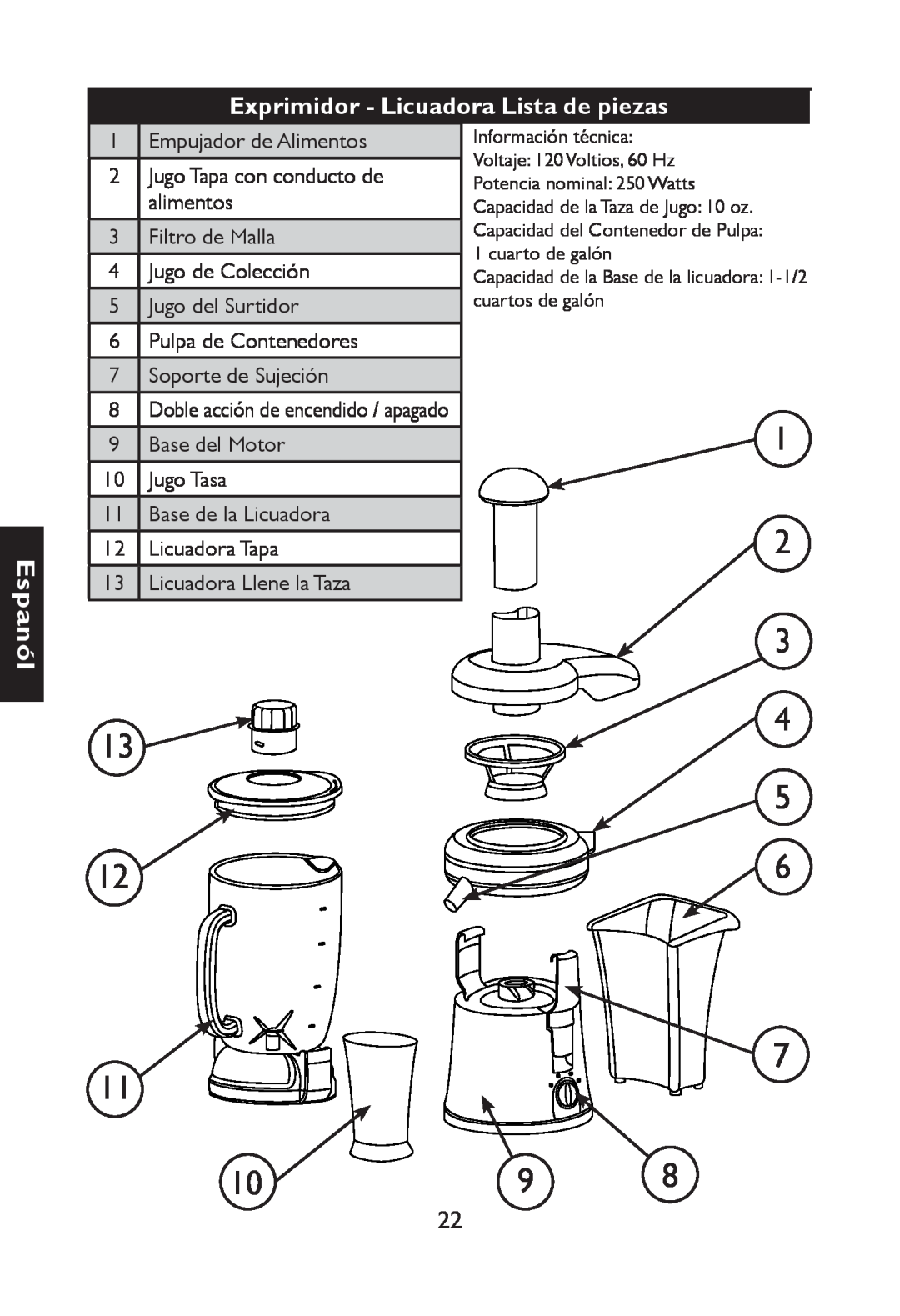 Nesco JB-50 manual Exprimidor - Licuadora Lista de piezas 